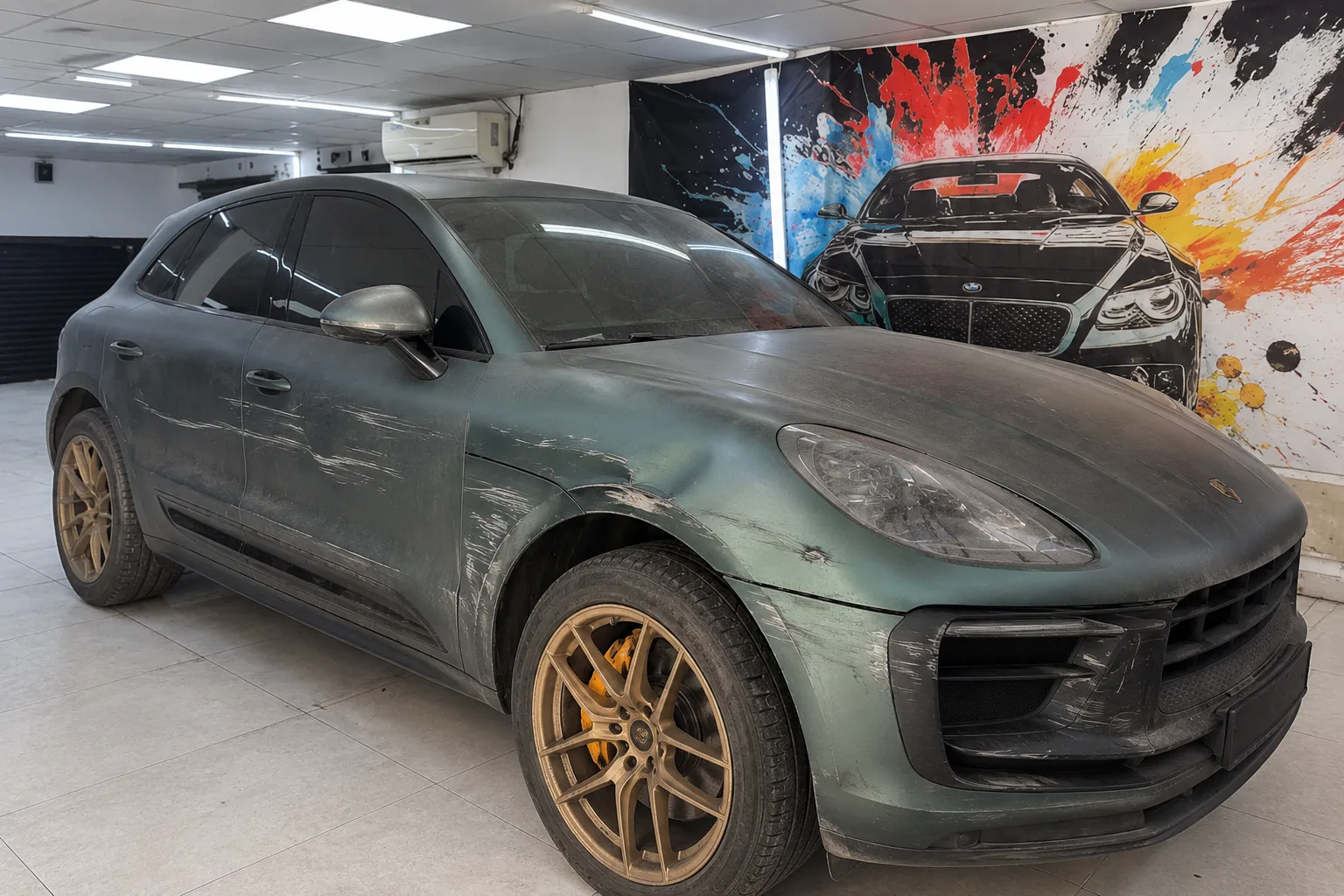 Before Phantom PPF work showing Porsche paint damage and workshop condition
