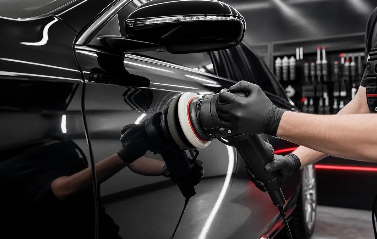 Detailer polishing a black car door to a mirror finish