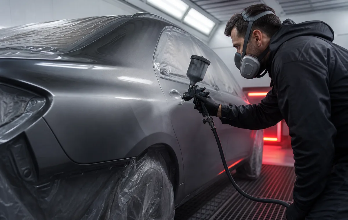Technician spraying metallic grey paint on a vehicle panel in a paint booth