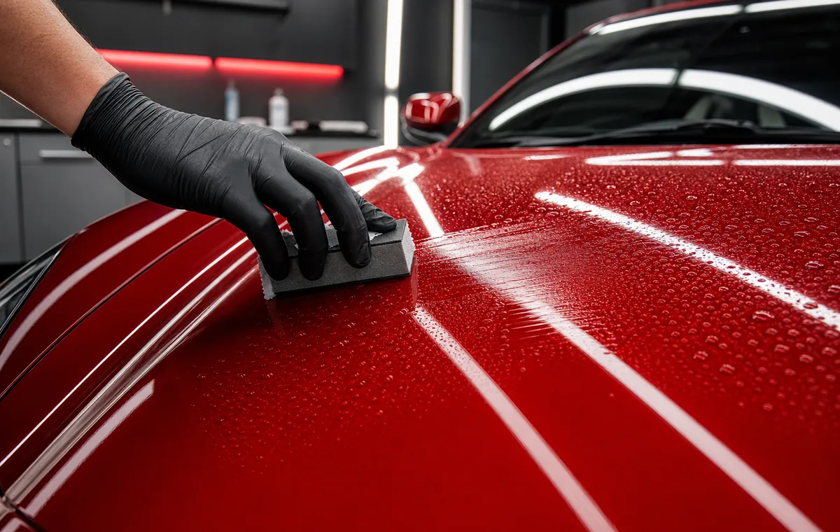 Ceramic coating being applied to a glossy red car hood