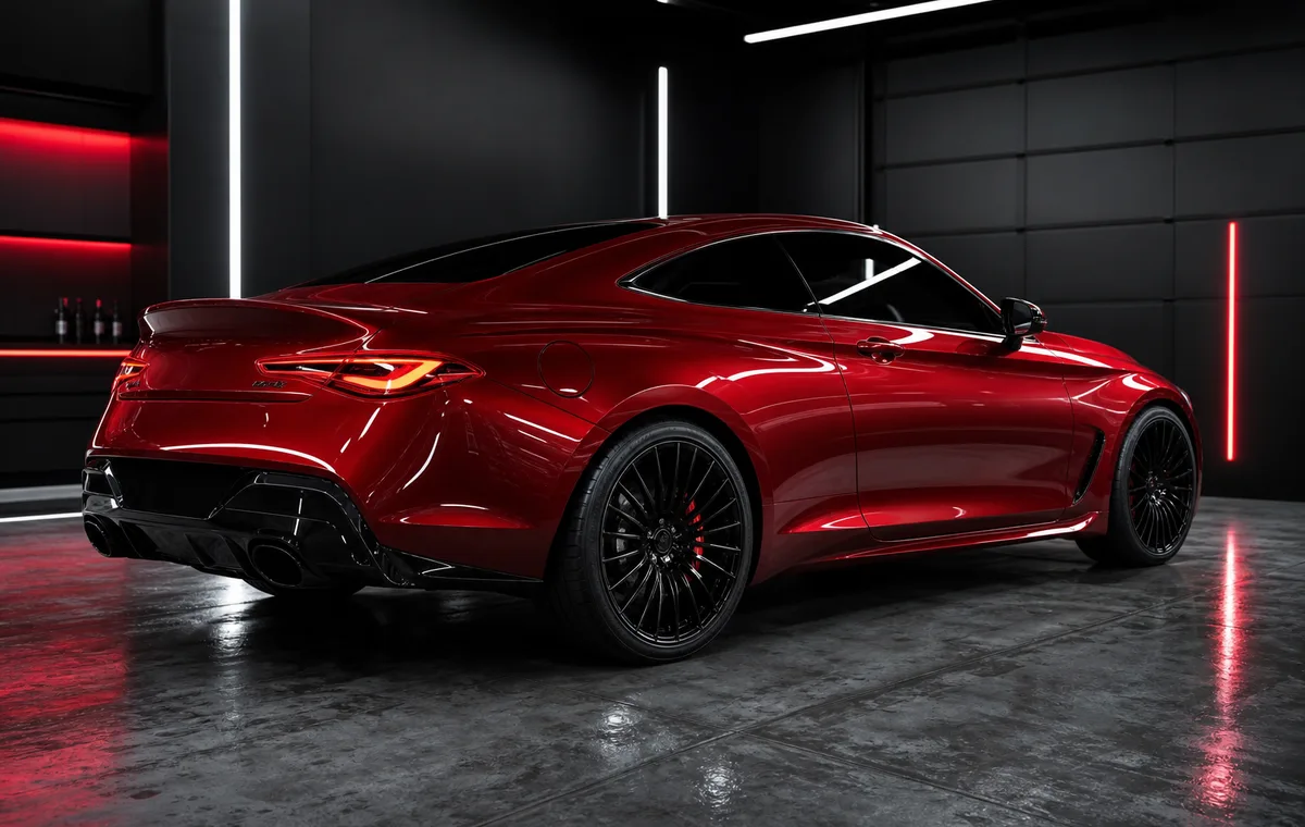 Performance coupe with deep crimson colour PPF finish in a studio