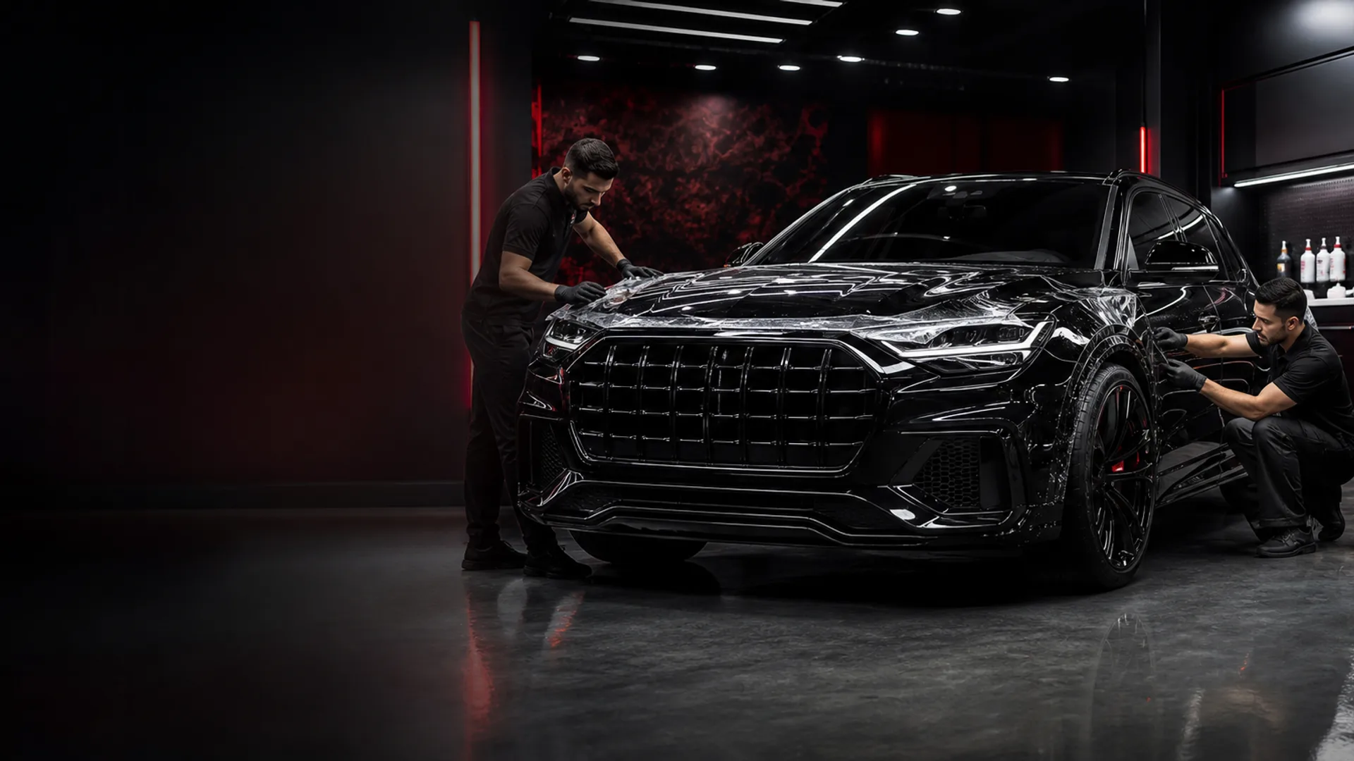 Glossy black luxury SUV in a premium PPF installation studio