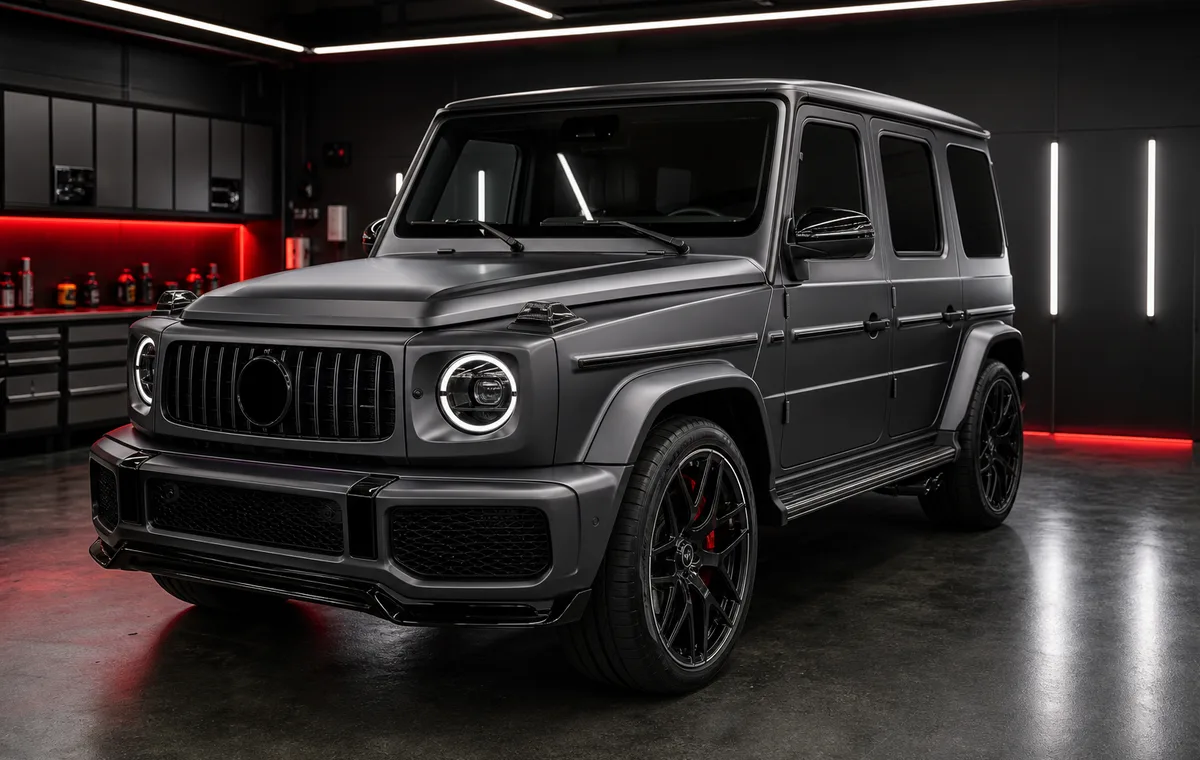 Luxury SUV with satin matte charcoal PPF finish in a dark studio