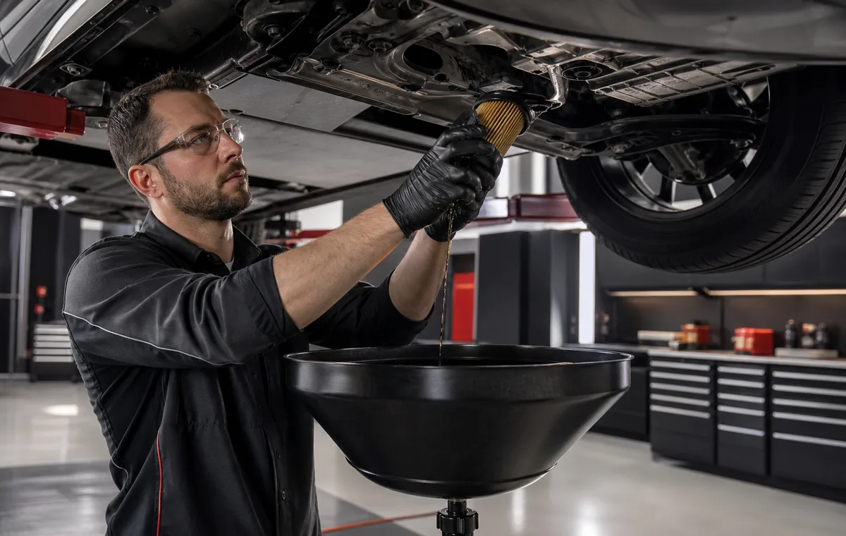 Technician replacing an oil filter during a clean workshop oil change