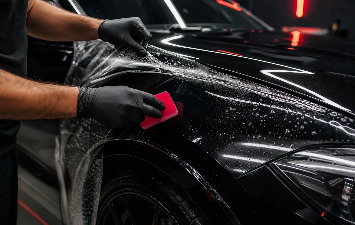 Technician applying clear paint protection film to a glossy car fender