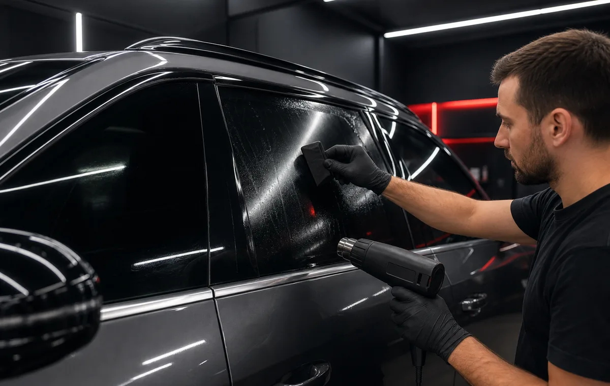 Technician installing dark tint film on an SUV side window